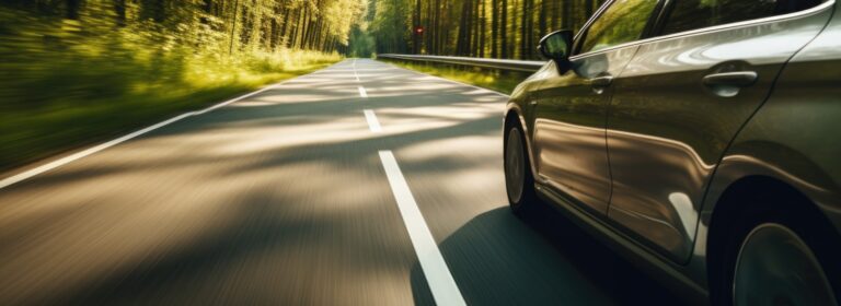 Autofahrt auf Landstraße mit Bewegungsunschärfe-Effekt. Generative KI