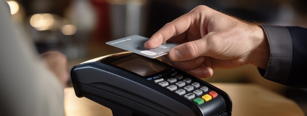 Kontaktloses Zahlungskonzept, Kunde hält Kreditkarte in der Nähe von nfc-Technologie auf dem Tresen, Kunde macht Transaktion bezahlen Rechnung. Erstellt mit generativer KI-Technologie.