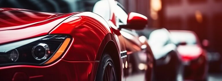 luxuriöser moderner roter Sportwagen in Großaufnahme. Generative KI